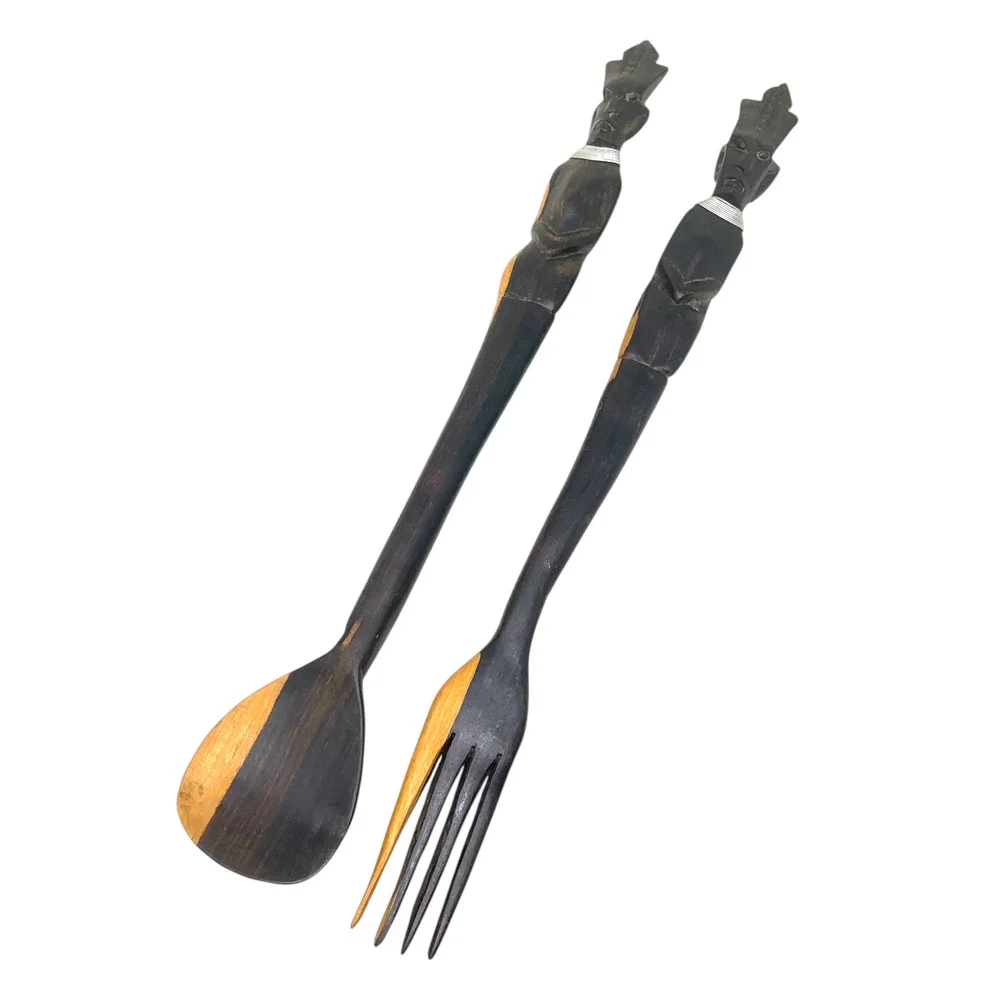 Vintage African Carved Wood Figural Salad Servers Fork Spoon Folk Art 14.5
